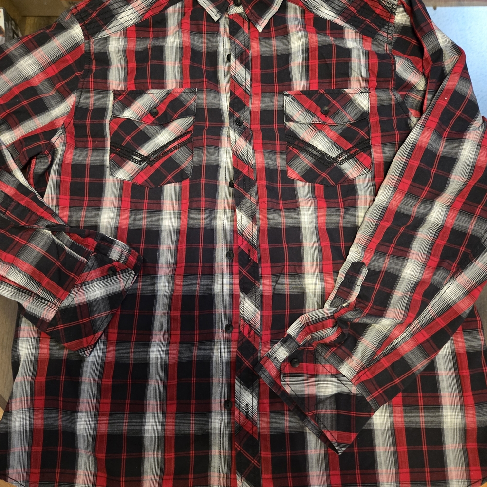 Rustic Blue Mens XL Red White & Black Plaid Button Longsleeve Shirt Western #160